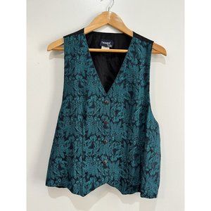 Vintage 90's Black and Teal Floral Vest Size Large USA Union Made